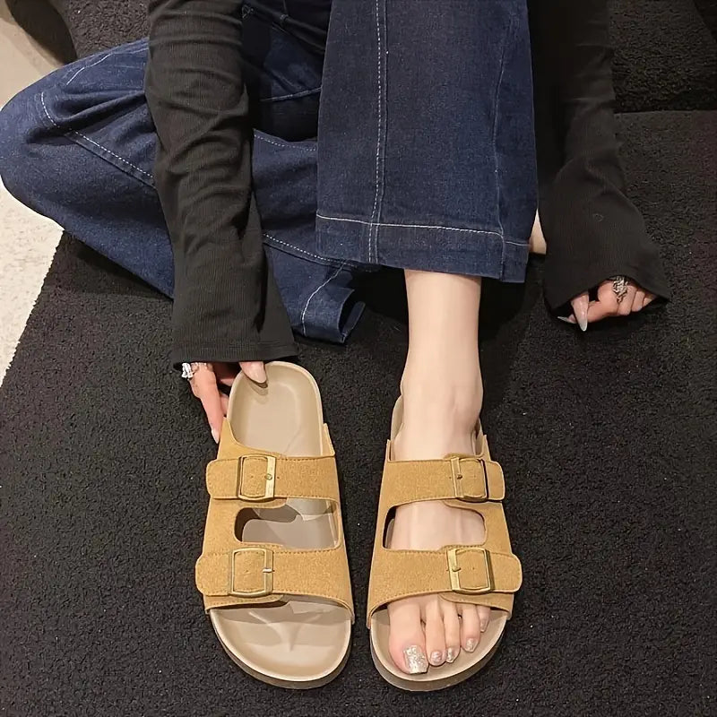 Stylish Suede Adjustable Buckle Beach Slides | FOR HER